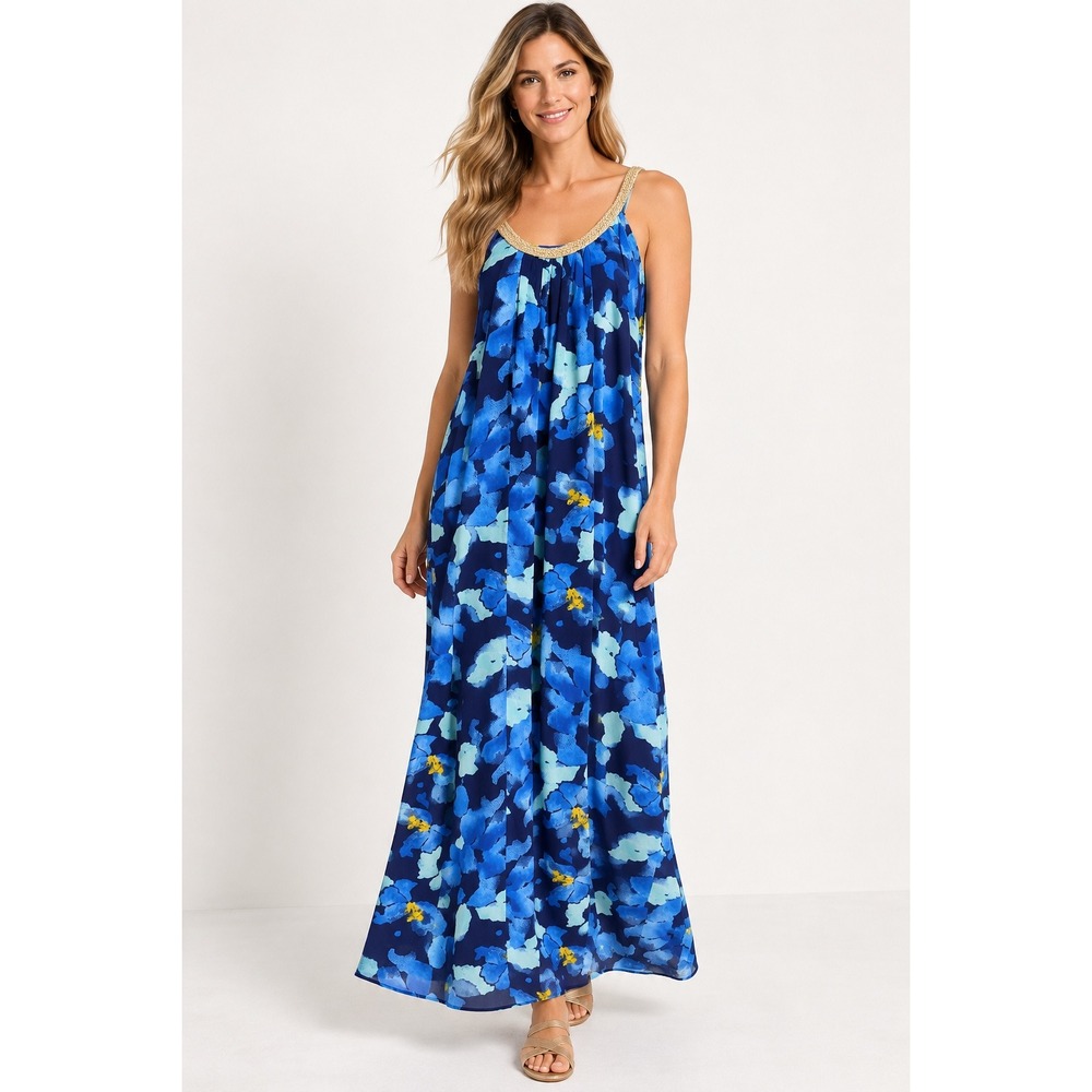 Charming Charlie Maxi Dress Womens Medium Blue Excellent Floral Braided Gold